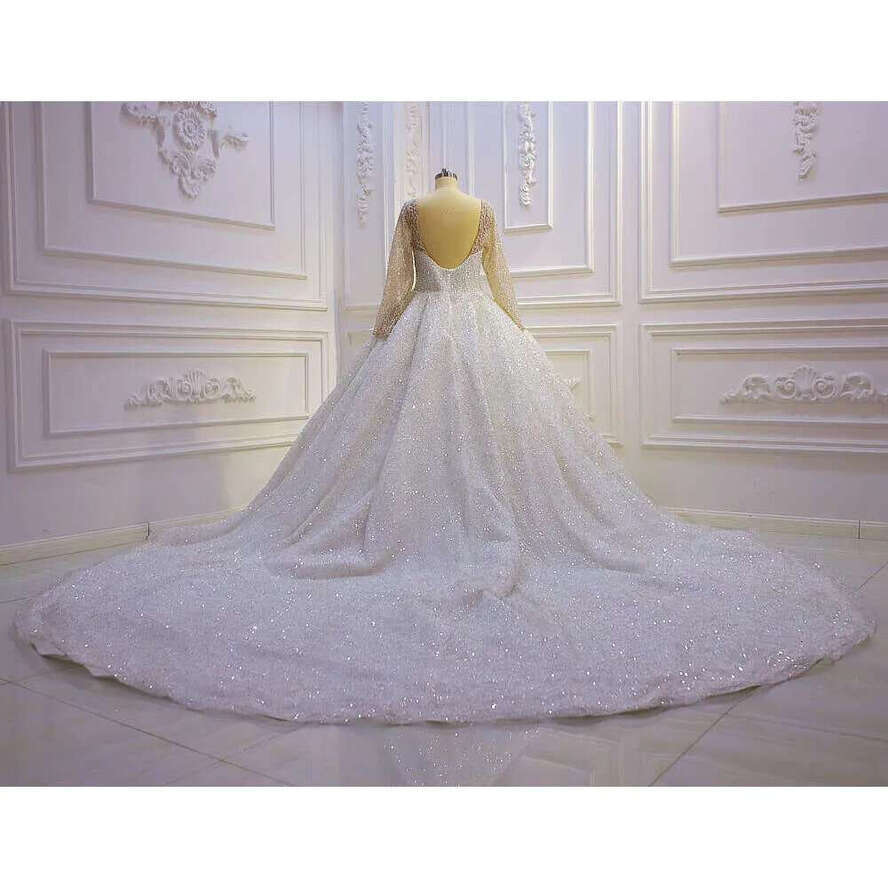 Stunning Full Pearls Long Sleeve Low Back Ball Gown Bridal Wedding Dress