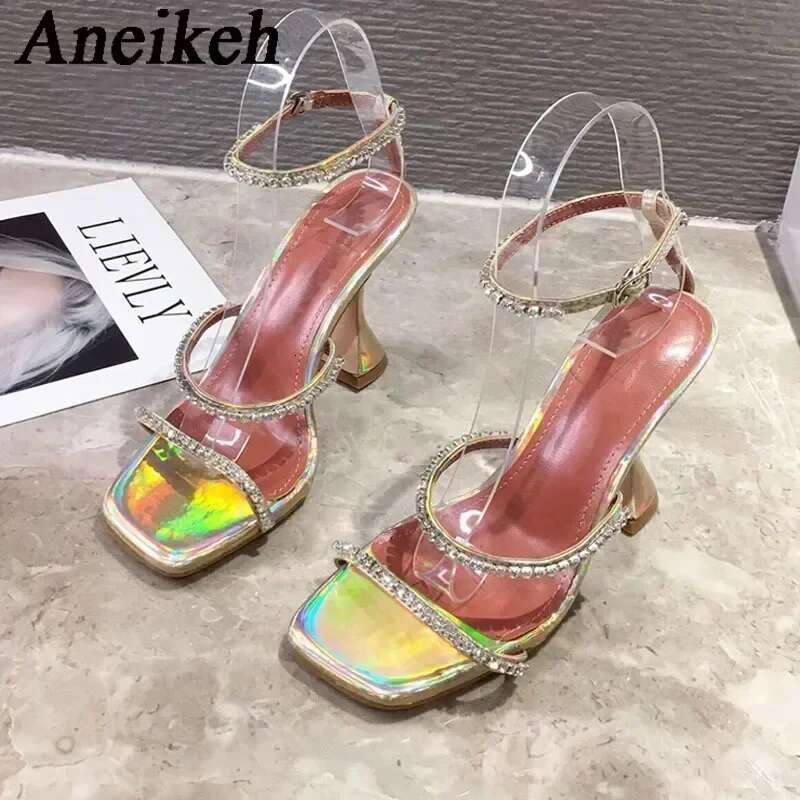 Aneikeh Women's Shiny Rhie High Heels Sandal 2024 Summer Fashion Sexy PU Square Head Kitten Heel Party Dress Shoes 35-41