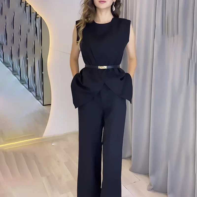Two Piece Sets Women Pants Set Round Neck Belt Sveless White High Waist Tops Solid Wide Leg Long Pants Slim Fit EleXJ250106