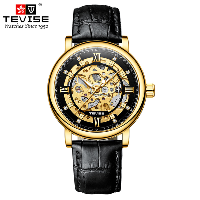 TEVISE Diamond Inlaid Trendy Simple Automatic Mechanical Watch Fashion Hollow out Wrist Watch T033 T8462B