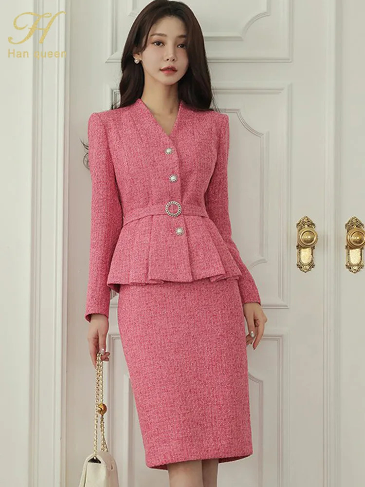 H Han Queen Winner Professional Wear 2-Piece Sets V-Neck Jacket Top Fashion Sheath Pencil Skirt Casual Women Suits Skirts 250106