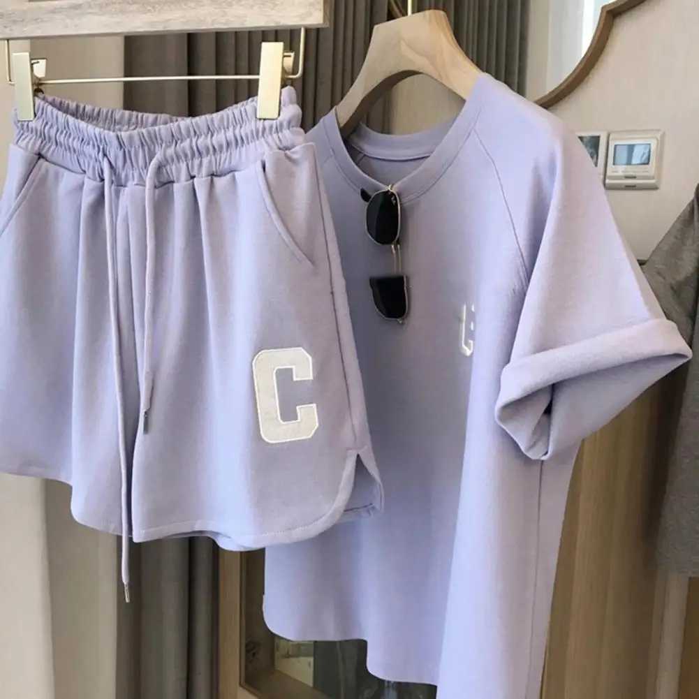 2 Pcs/Set Summer Women Tracksuit O Neck Letter Print Pure Color Short Sve T-shirt Drstring Elastic Waist Shorts For SportXJ250106