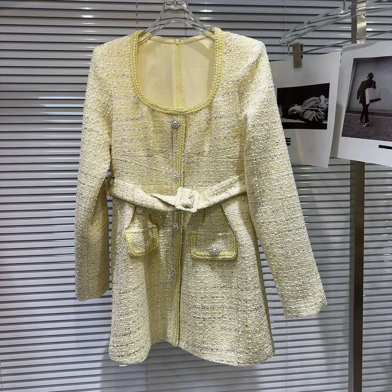 Retro Square Neck Pearl Buckle Temperament Lady Belt Trench Coat 2024 Autumn New Elegant Tweed Dress For Women