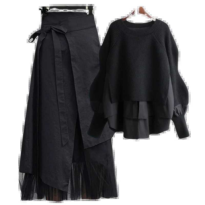 Womens Spring/Summer New Fe Two Piece Knitted Sweater+Belt A-line Tight Clothes Korean Ele Pullover Dress Matching Set W250107