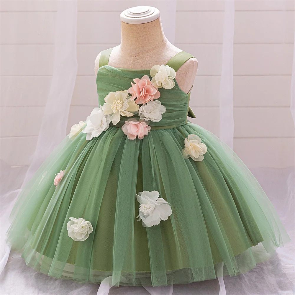 Summer Floral Green Wedding Party Dress For Flower Girls Baby Girl 1st Birthday Tutu Dresses Toddler Daily Holoday Clothes Wear 250107