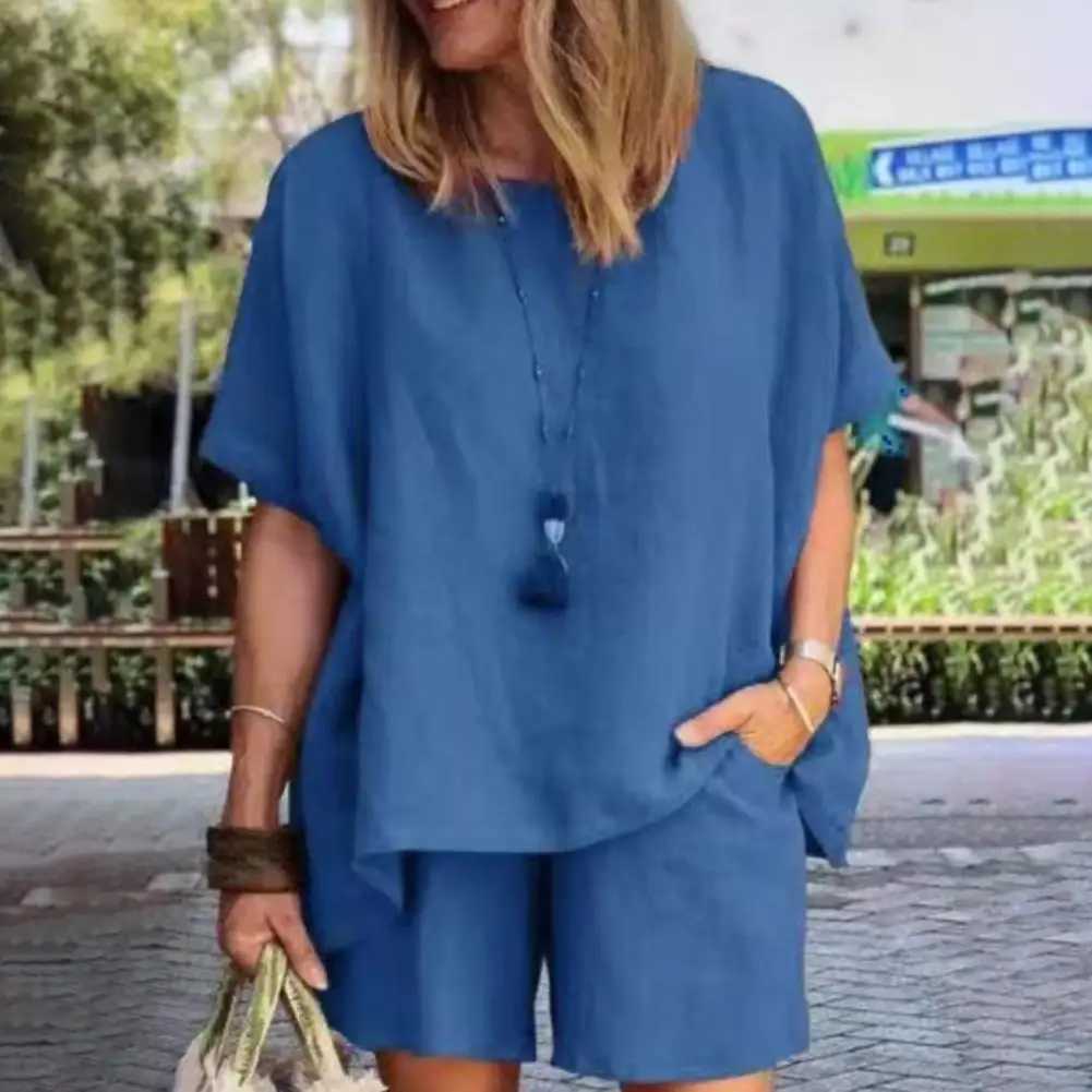 2Pcs/Set Women T-Shirt Shorts Set Solid Color Top Shorts Suit Pullover O Neck Summer Sets Ladies Suit Women AccessoryXJ250106