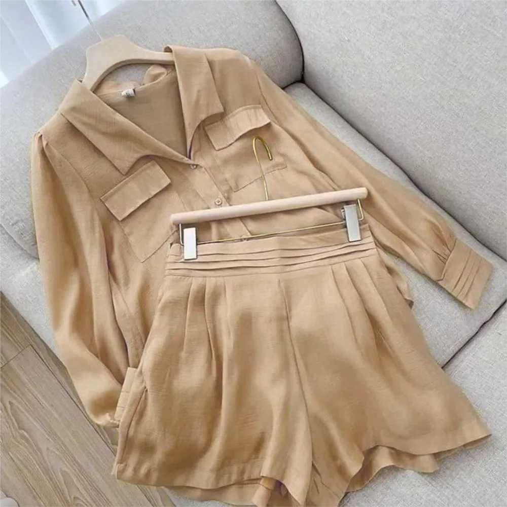 Spring Shirt Two Piece Set For Women Summer Shorts 2 Piece Sets Suits Solid Color Long Sve Shirt Short Casual Outfits FeXJ250106