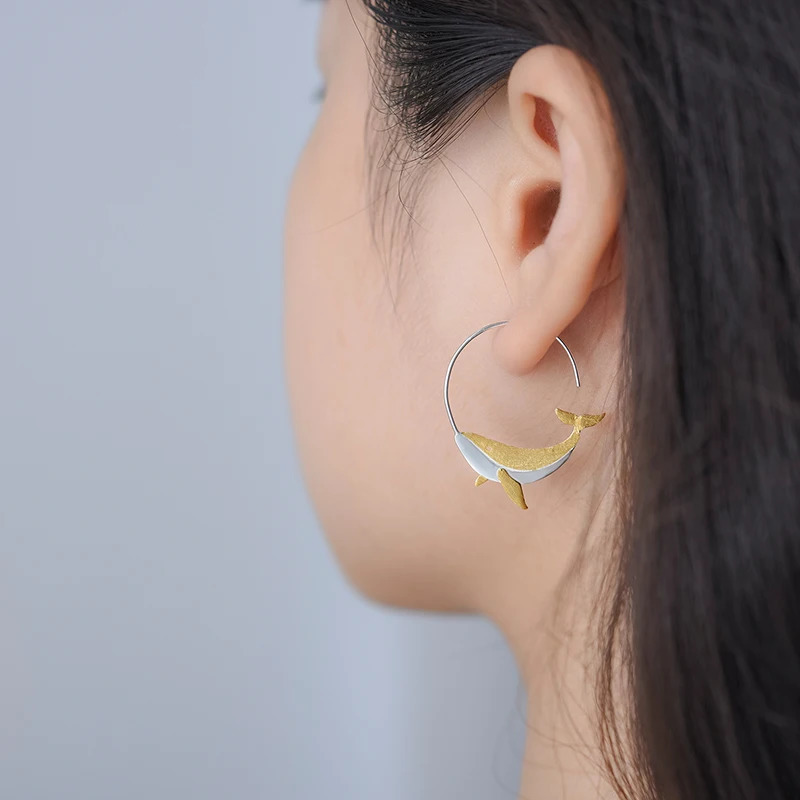 Fun 18K Gold Personality Whale Round Hoop Earrings for Women Real 925 Sterling Silver Original Animal Fashion Fine Jewelry250103