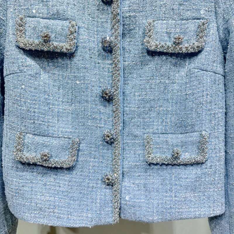 High Quality Small Fragrance Blue Coat Women O Neck Beaded Urious Shiny Long-Sleeved Office Sweet French Tweed Lady Jacket