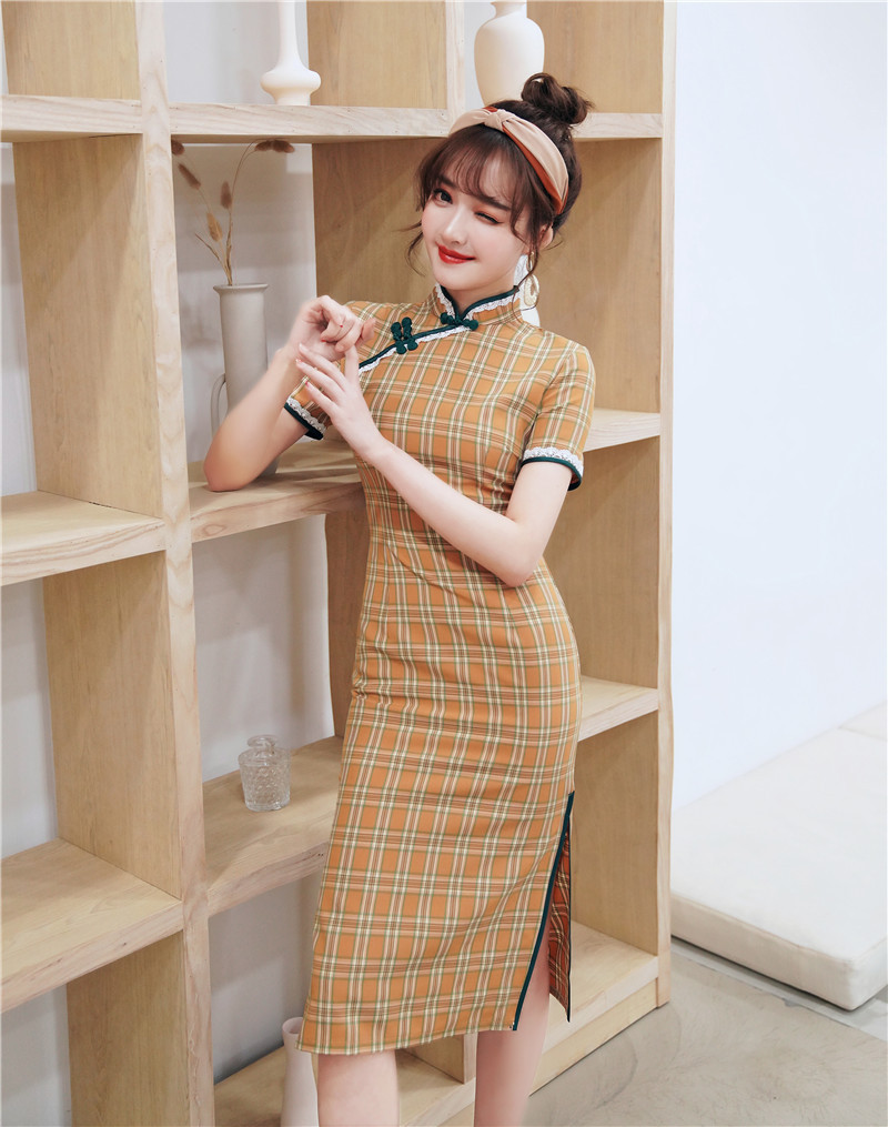 DC7115 Spring and summer new yellow checkered cotton and linen mid-length cheongsam daily fashion slim girl cheongsam dress