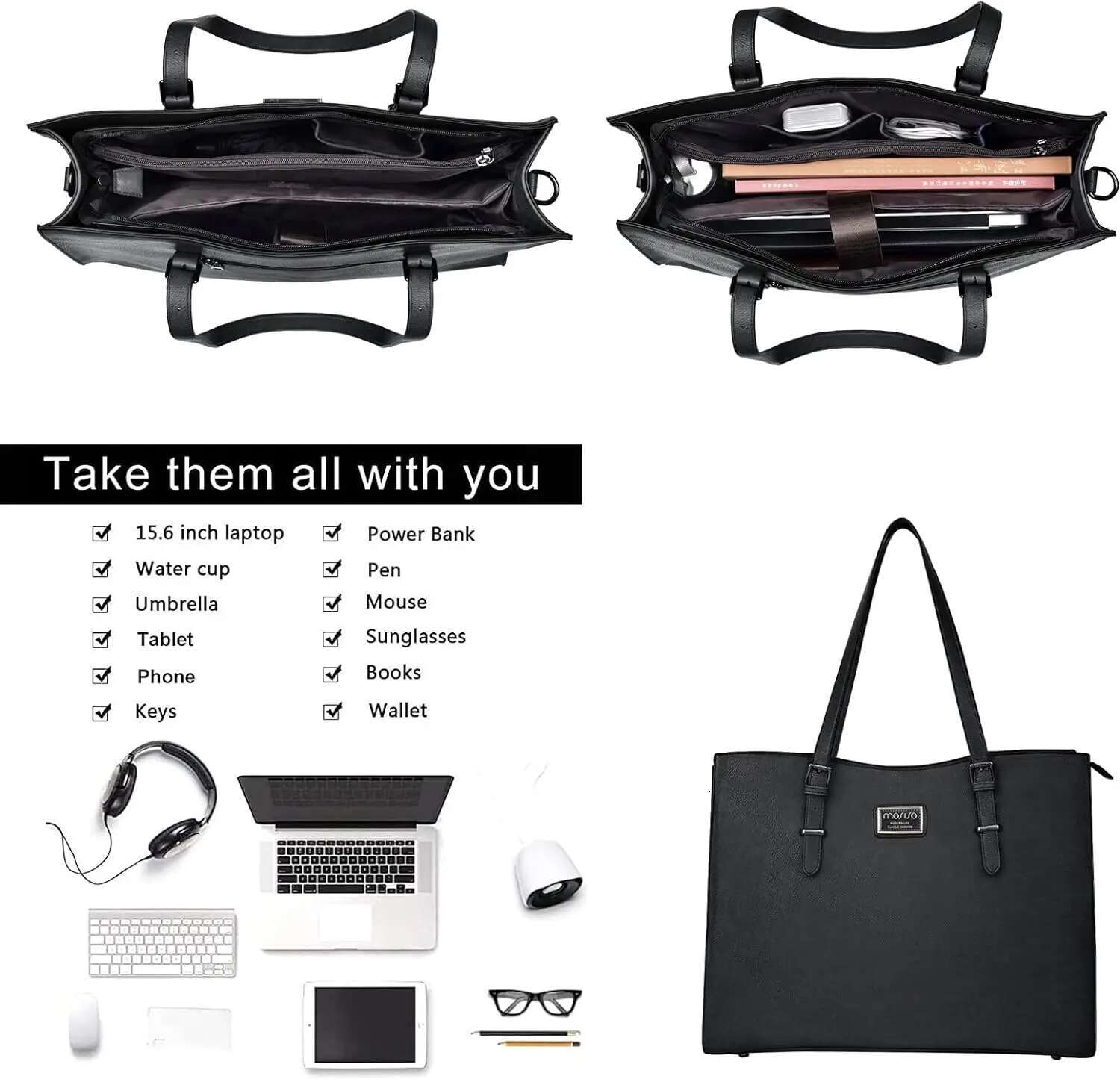 15.6 Inch Laptop PU Leather Women Tote Large Capacity Shopping Shoulder Bag Waterproof Business Travel Work Briefcase