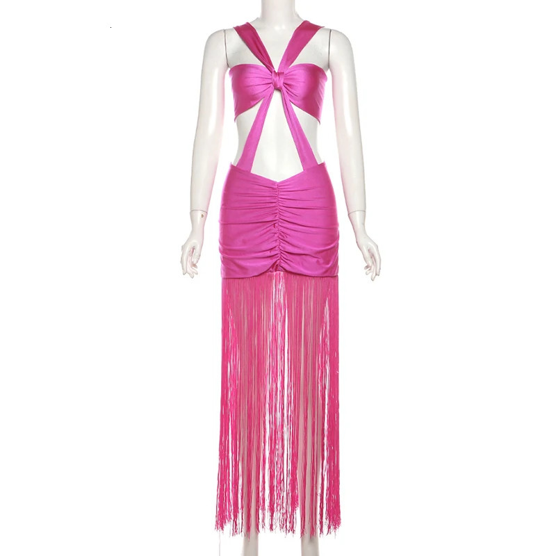 Sexy Sleeveless Cut Out Tassel Maxi Dress Women Backless Rose Red Casual Beach Sundress 2024 Summer Harajuku Y2K Clothes250103