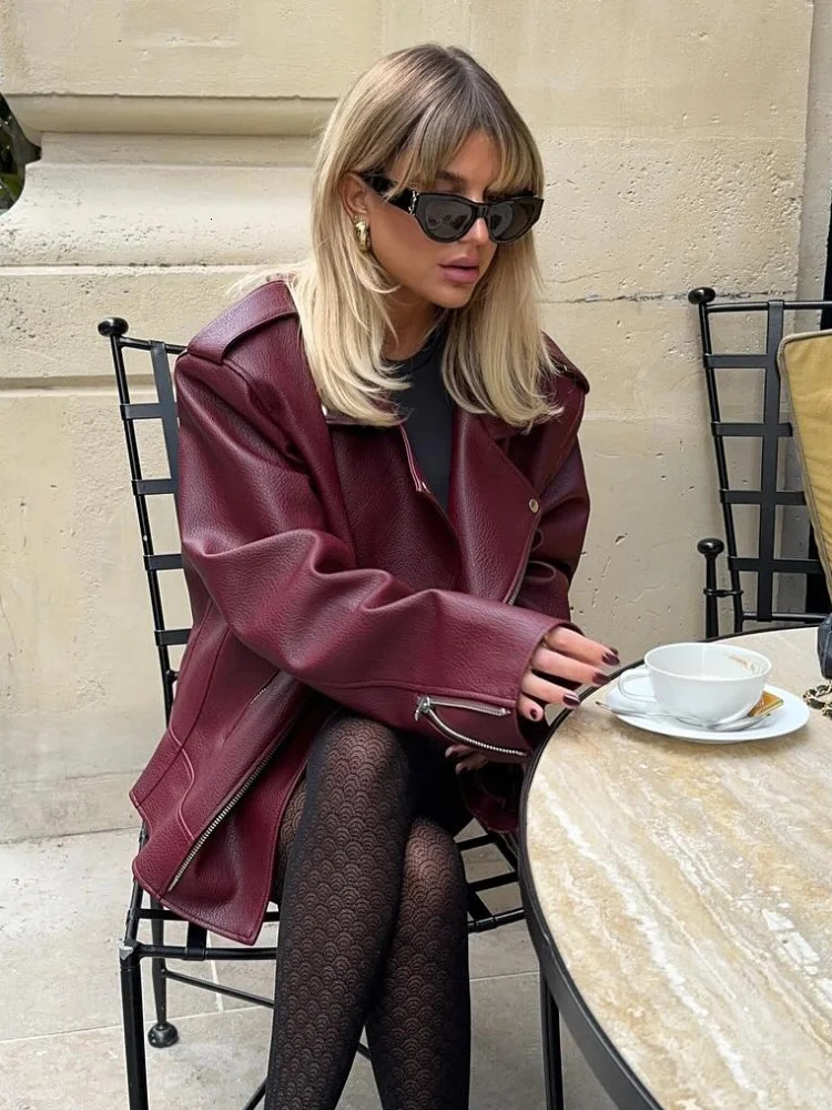 Chic Burgundy Zipper Stand Collar Leather Jackets For Women Fashion Long Sleeve Oversized Buttons Coat 2024 Lady High Streetwear 250103