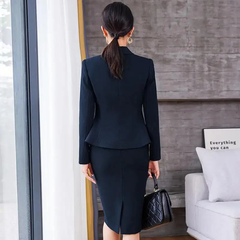 Arrival Elegant Ladies Formal Skirt Suit Women Orange Navy Blue Long Sleeve Female Blazer Set for Business Work Wear 250106