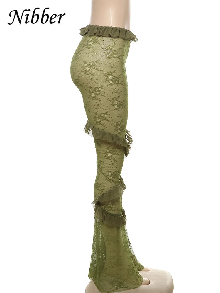 Nibber Sexy See Through Mesh Flare Pants Women Coquette Trend Hipster Skinny Elastic Midnight Wild Club Patchwork Trousers 250106