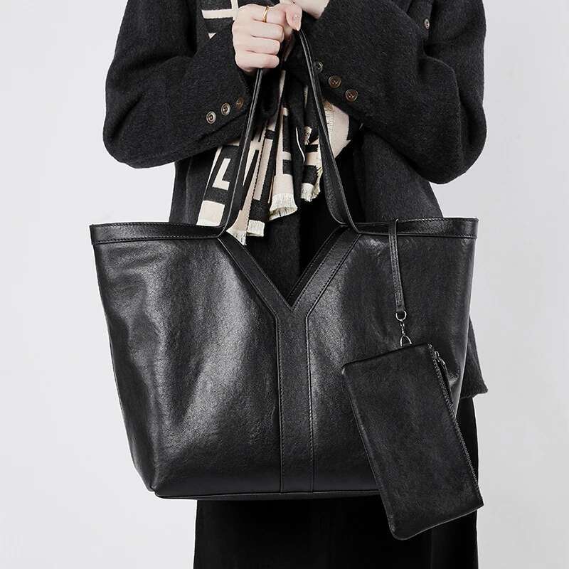 Y Shape Genuine Leather Tote Large Capacity Shoulder Women Underarm Travel Storage Shopping Bag With Wallet