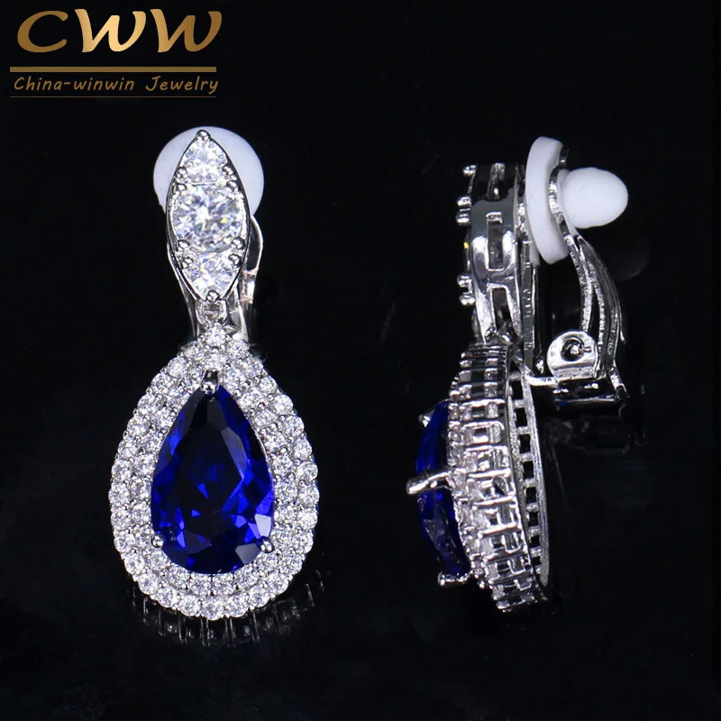 CWWZircons Fashion Women White Gold Color Dangle Drop CZ Royal Blue Crystal Paved No Pierced Ear Clip On Earrings Jewelry CZ164 250103