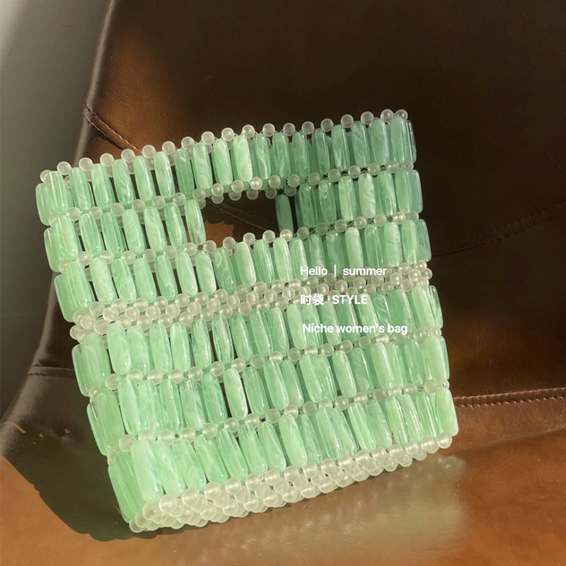 Customized Crystal Bags New Fashion INS Handmade Acrylic Beaded Transparent Panel Green Handbag Summer Small Fresh Women's Bag