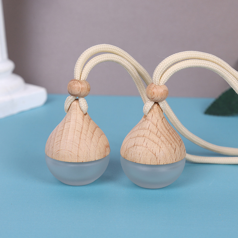 Water Droplet Shaped Essential Oils Diffusers Car Pendant Perfume Bottle Glass Ornaments Empty Bottles Wooden Lid Air Freshener Clear Frosted HW0401