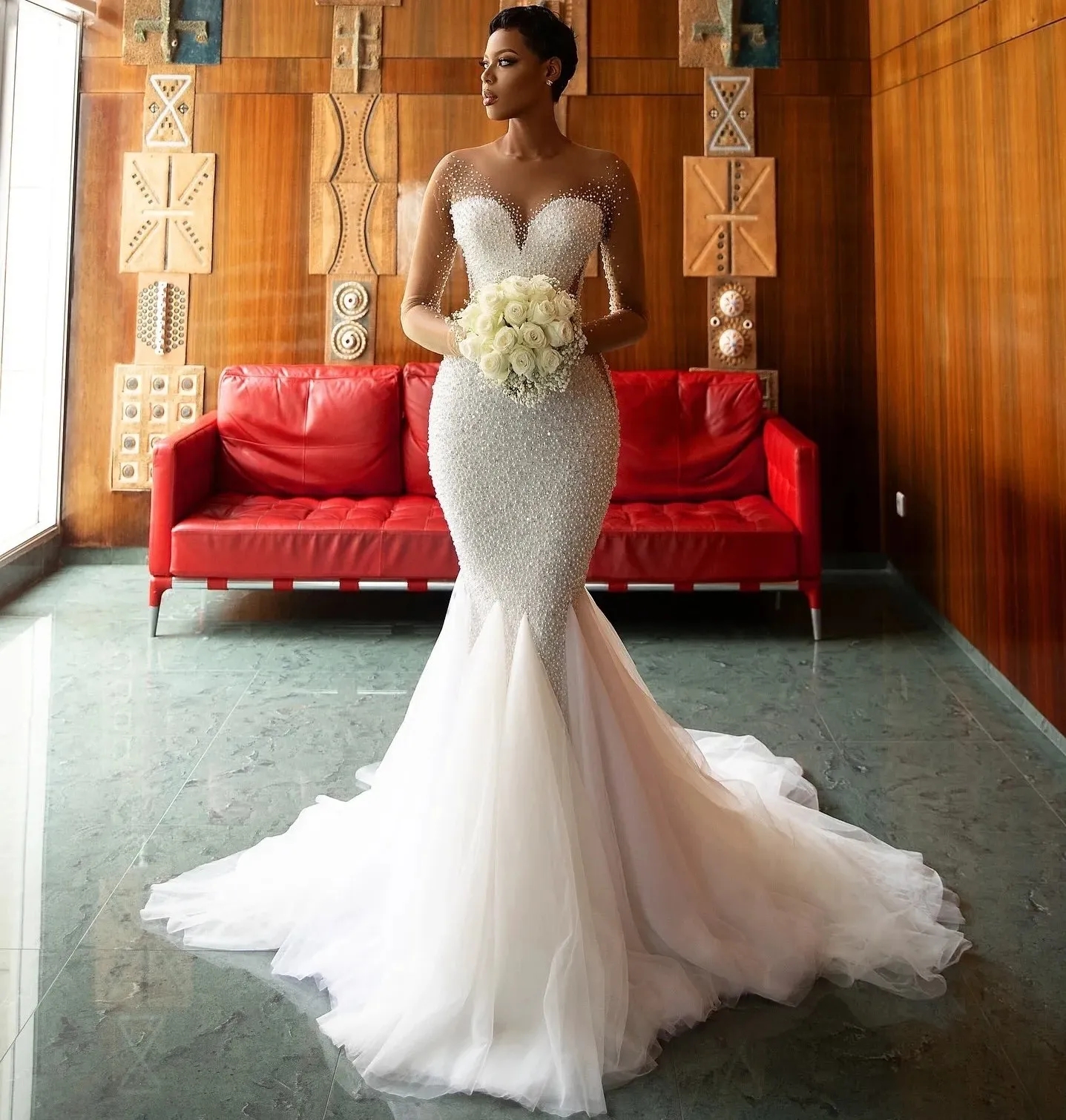 2025 African Aso Ebi Mermaid Wedding Dress Sheer Neck Full Sleeves Beaded Pearls Tulle Bride Bridal Gowns Vestidos De Noiva