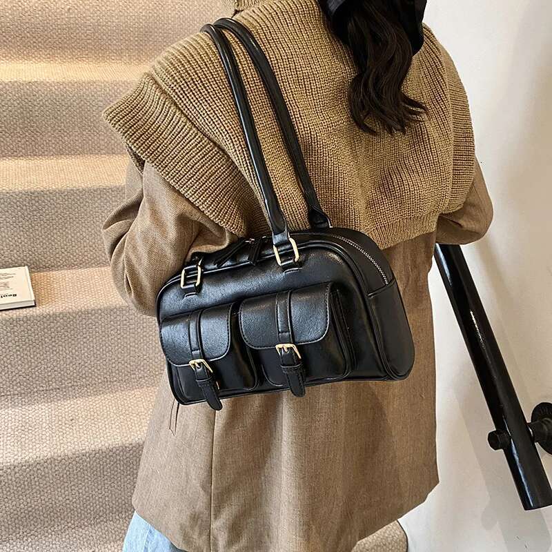 Ddmymarket Retro PU Leather Double Pockets Underarm Bags For Women 2024 Winter Y2K New Korean Fashion Female Shoulder Bag Handbags