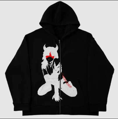 Fashion hoodie spring and autumn solid color anime character print loose long sleeved cardigan zipper