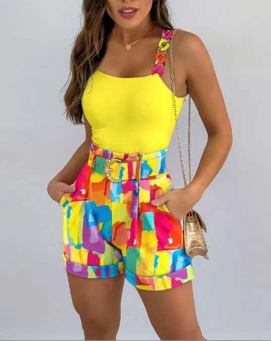 Sexy V Neck Sveless T-shirt Shorts Set Office Lady Off Shoulder Solid Tops Floral Print Shorts Two Piece Women Outfit 2023XJ250106