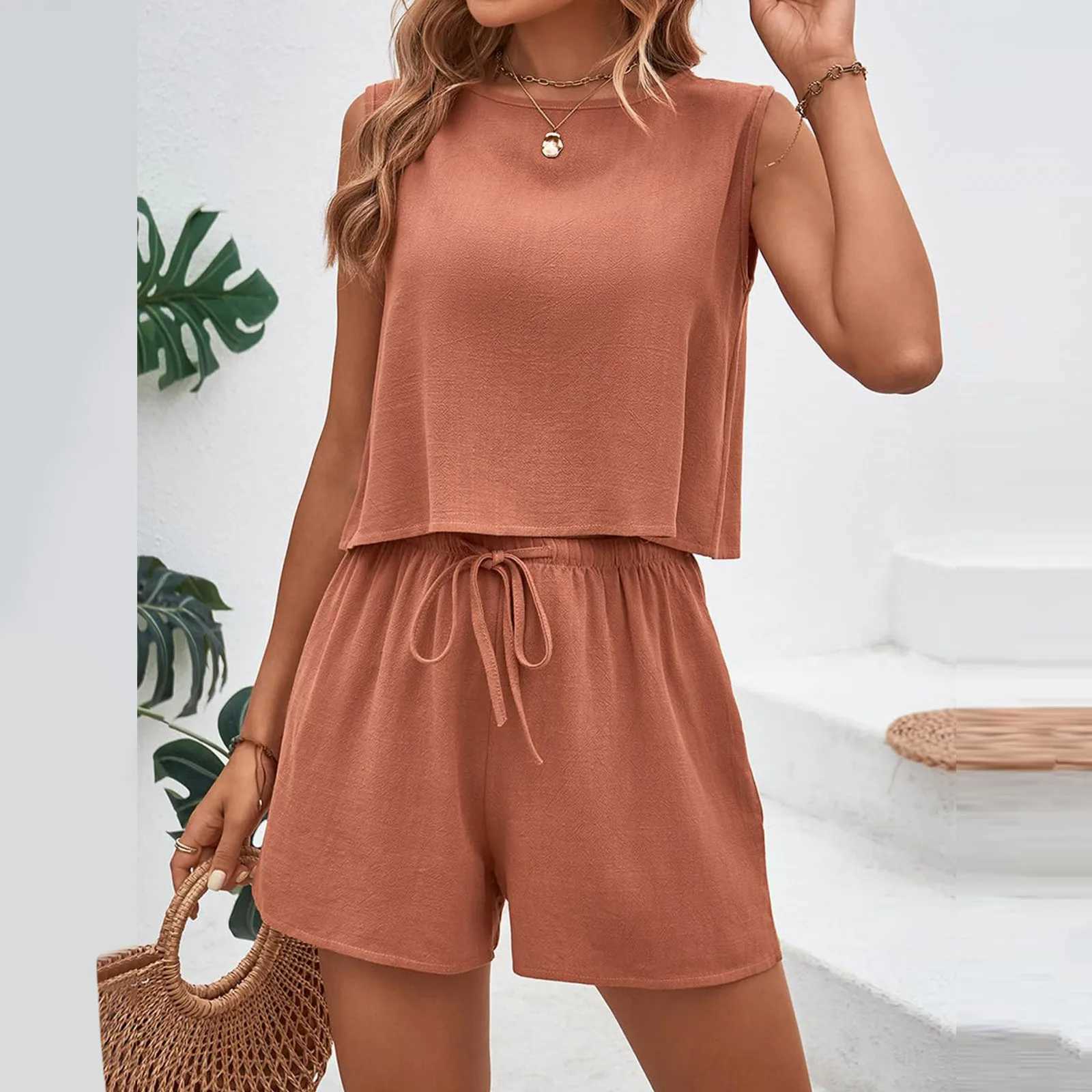 Women Summer Clothing Sets Sveless Vest+Shorts 2Pcs Suit Cotton Linen Ladies Fashion Streetwear Fe Casual Loose OutfitsXJ250106
