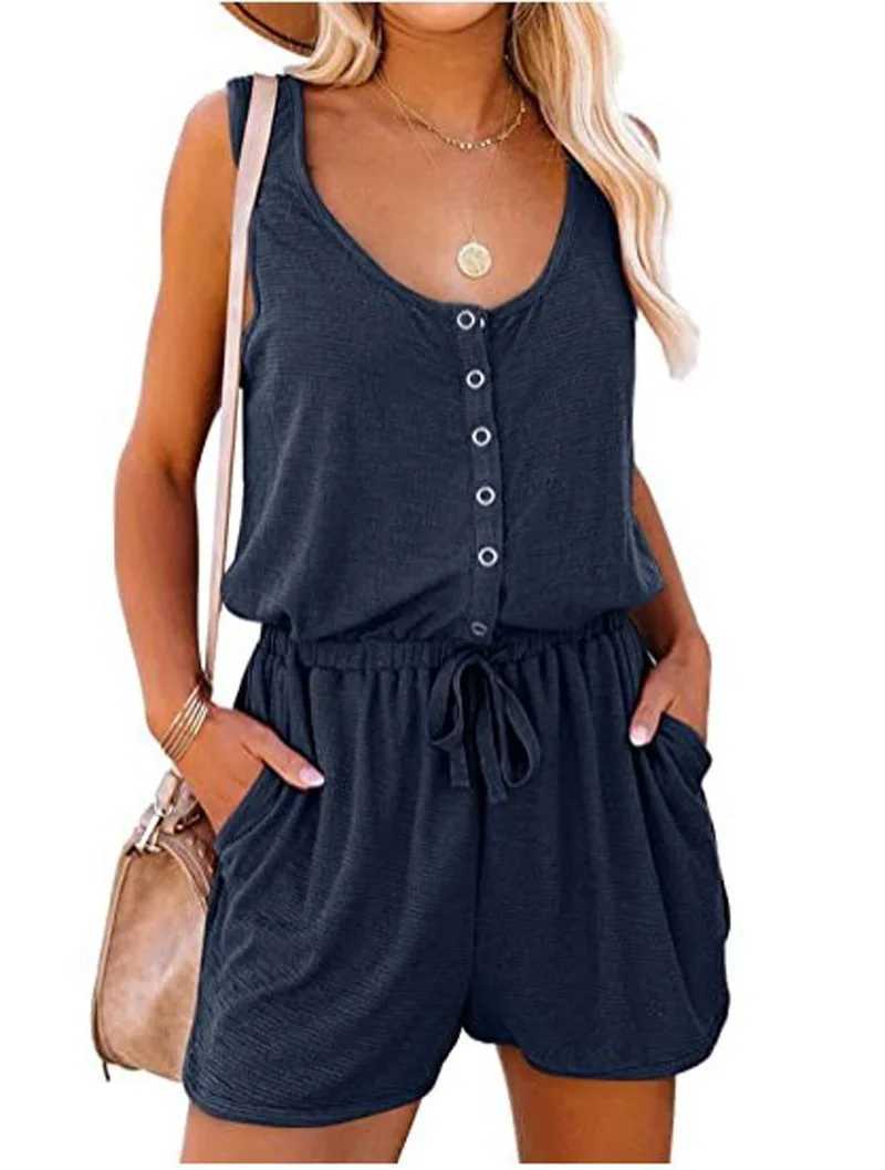 European and American womens summer cross-border new sveless jumpsuit waist casual loose wide leg shortsXJ250106