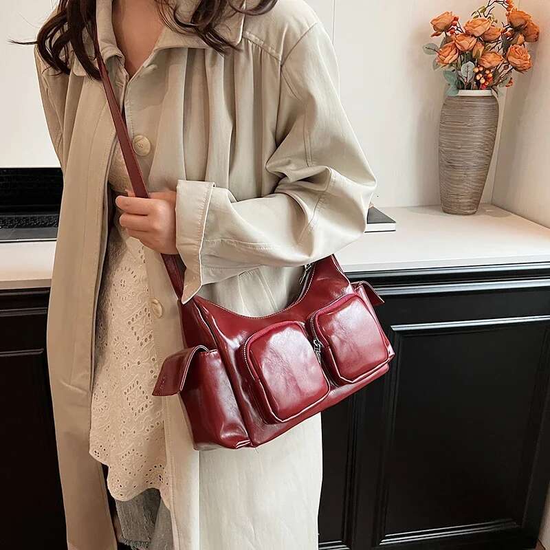 Ddmymarket Double Pockets Design Retro PU Leather Shoulder Bags For Women 2024 Y2K Fashion Trend Crossbody Bag Female Handbags