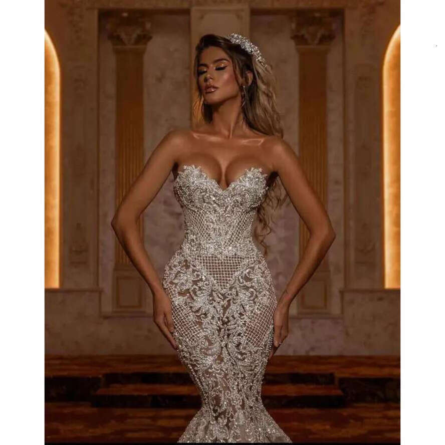 Dress Wedding Vintage Mermaid Strapless Sweetheart Sequined Lace Arabic Trumpet Bridal Gowns Soiree Lacefull Robe De Mariage 0622 Full