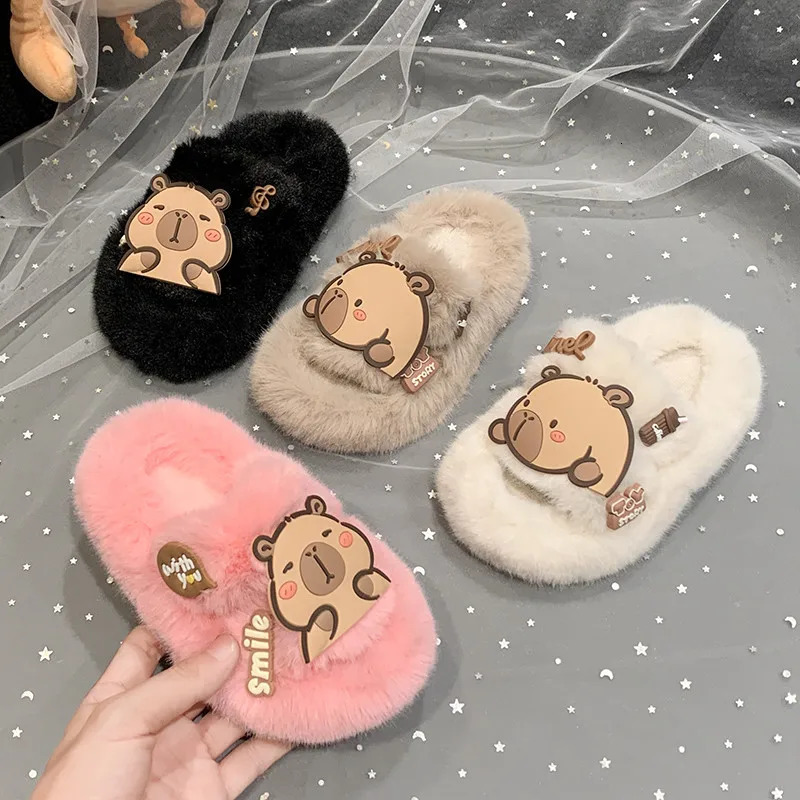 Cute Capybara Kids House Slippers Soft Fluffy Girls Warm Fur Slippers Fashion Cartoon Children Boys Open-toe Cotton Flat Shoes 250106