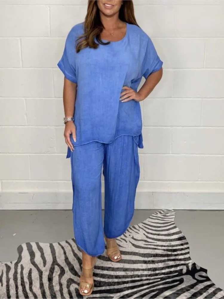 Spring Summer Womens New Solid Color Short Sve Loose Suit Fashion Irregular Trousers Casual Simple Ele Fe 2piece SetXJ250106