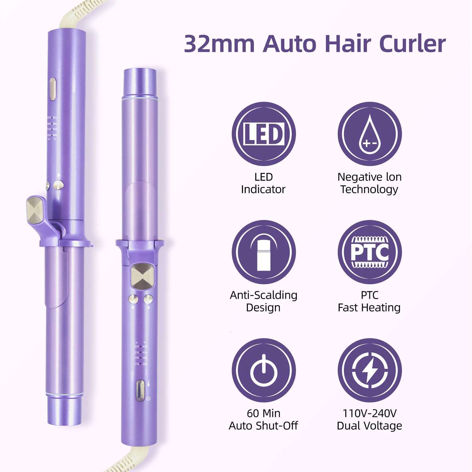 Auto Curler 32mm Ionic Ceramic Coating 450°F Hair Curg Iron Wand Instant Heating Automatic Rotate Curls Tool 110V-240V