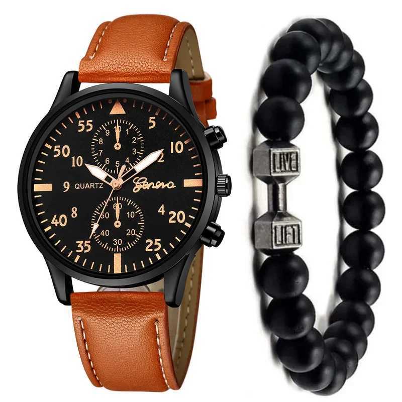 2/1pcs Men Sports Watches Set Man Business Quartz Wristwatch Luxury Brown Leather Bracelet Men Casual Clock Watchno BoxgiftsX250107