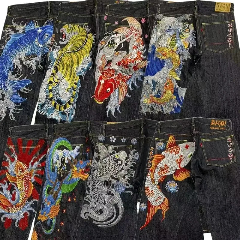Japanese hip-hop Brocade cargo printed jeans for one couple washed high waisted retro casual loose straight wide leg pants 250106CJ
