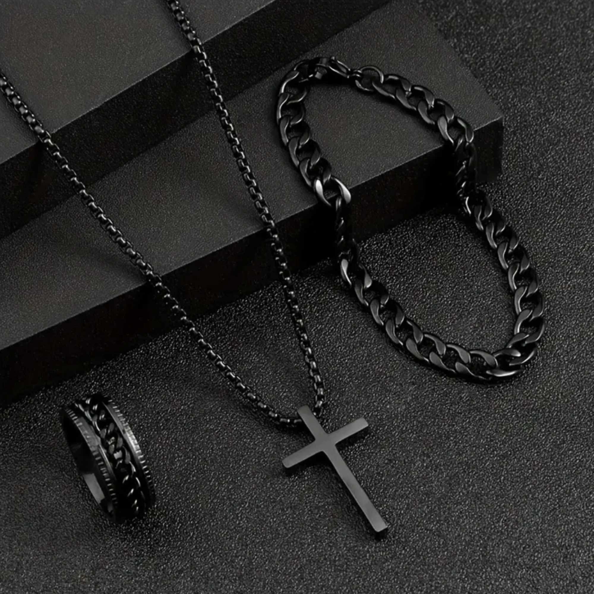 4-piece/set business mens watch alloy strap alloy bracelet alloy ring alloy cross necklace perfect gift for himX250107