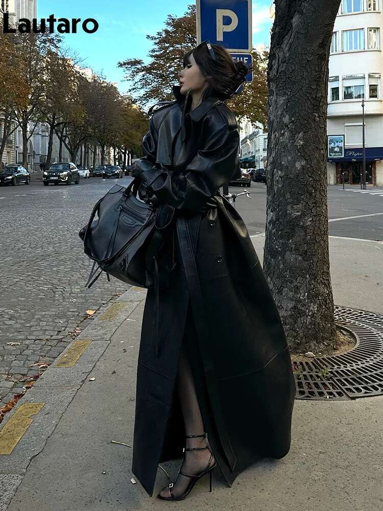 Lautaro Spring Autumn Extra Long Black Pu Leather Trench Coat For Women With Back High Slit Chic European Fashion 2024