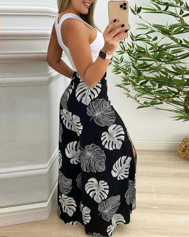 Summer Casual Two Piece Suits Women Sets Solid Cut-out Tank Top and Tropical Print Split Wide Leg Pants Set Women ClothesXJ250106