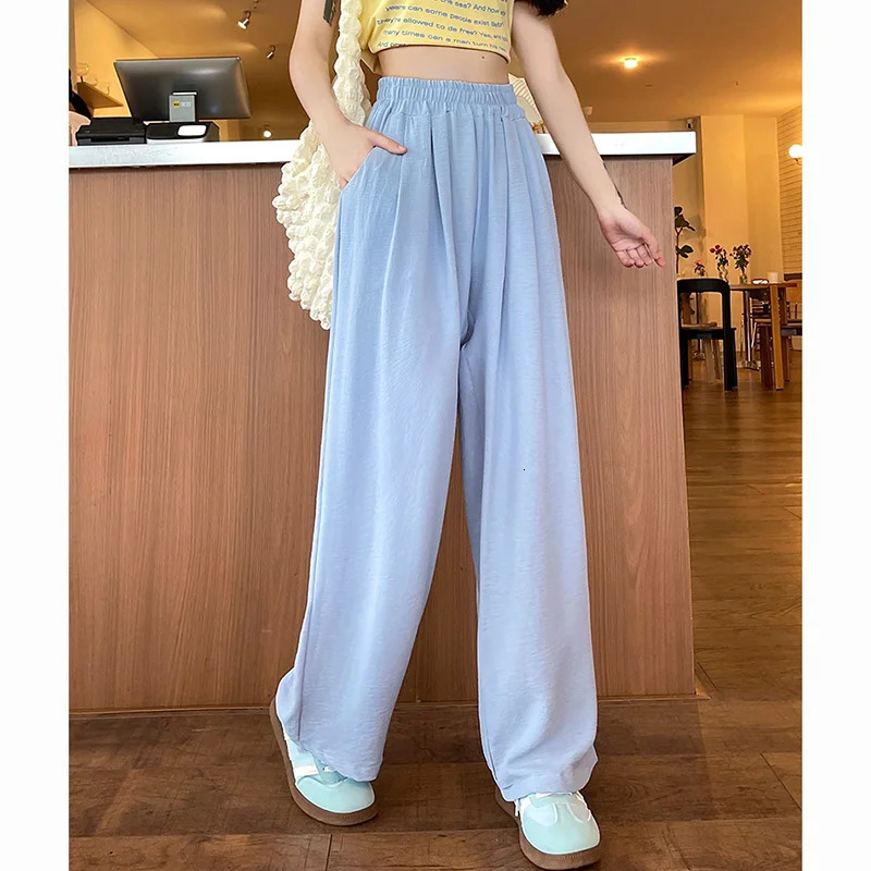 Summer Women Sweet Colorful Ice Silk Pants Lady Baggy Versatile Elastic Straight Leg Trousers Female Wide Leg High Waisted Pants 250106