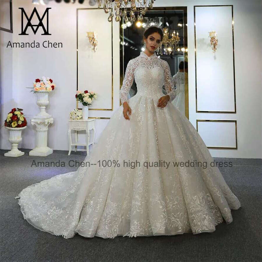 Abito Da Sposa High Neck Lace Applique Wedding Dress Long Sleeve