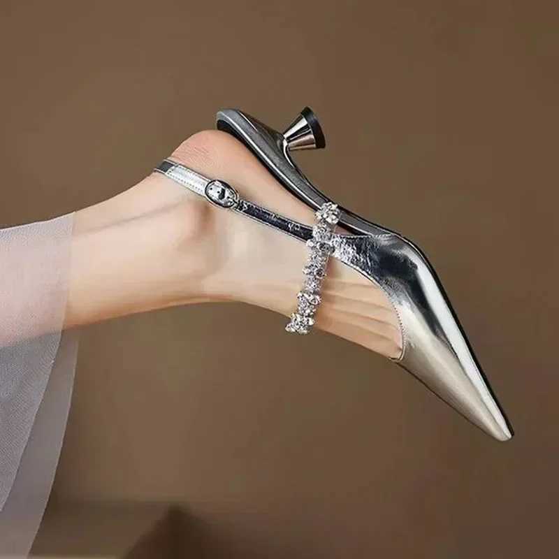 New Wens Sandals Pointed Toe New Slingbacks Rhinestone Wedding Shoes Gold Sliver Hot Low H Summer Zapatos De Mujer Z250107