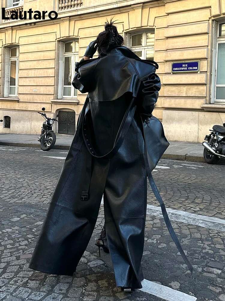 Lautaro Spring Autumn Extra Long Black Pu Leather Trench Coat For Women With Back High Slit Chic European Fashion 2024