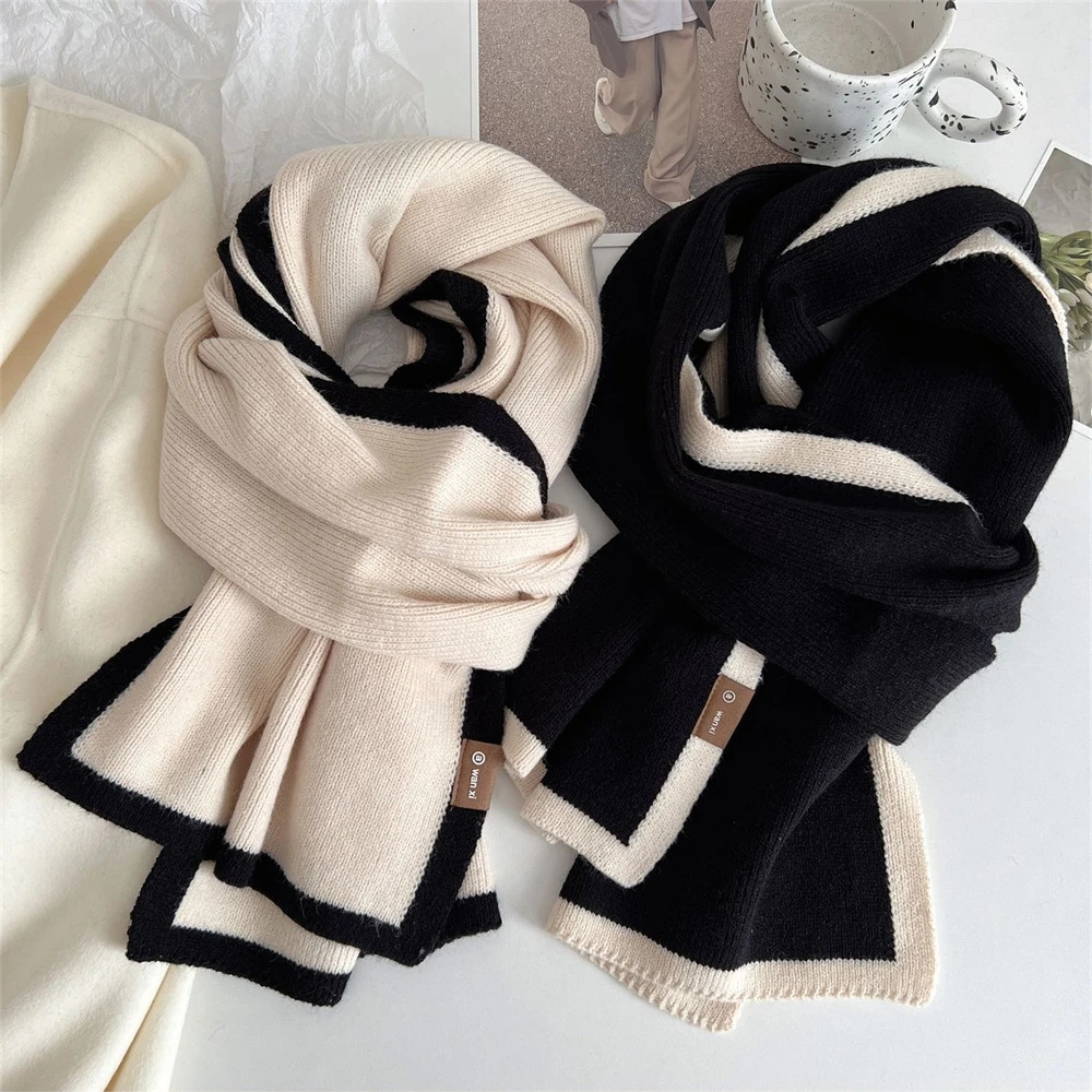 2024 Korean Style Winter Warm Wool Scarf for Women Striped Elastic Knitted Scarves Female Bandana Thick Neckerchief Shawl 250106