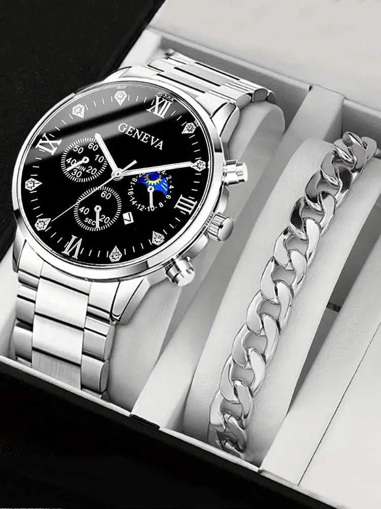 2pcs Fashion Business Calendar Mens Round Roman Scale Steel Band Quartz Watch with Trendy Chain Bracelet SetX250107