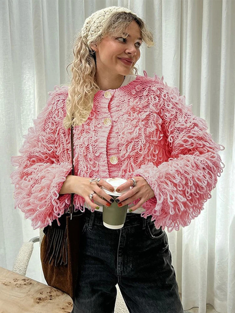 Tassel Knitted Cardigan Women Street Chic O-Neck Long Sleeve Female Sweaters 2024 Autumn Winter Single Breasted Loose Lady Coat 241225