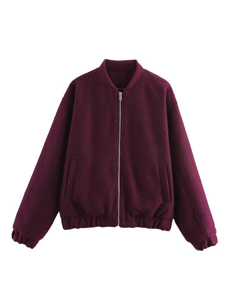 Vintage Zipper Woolen Bomber Jackets Women Loose O Neck Long Sleeve Pocket Lady Coats Early Spring Fashion Female Outwears