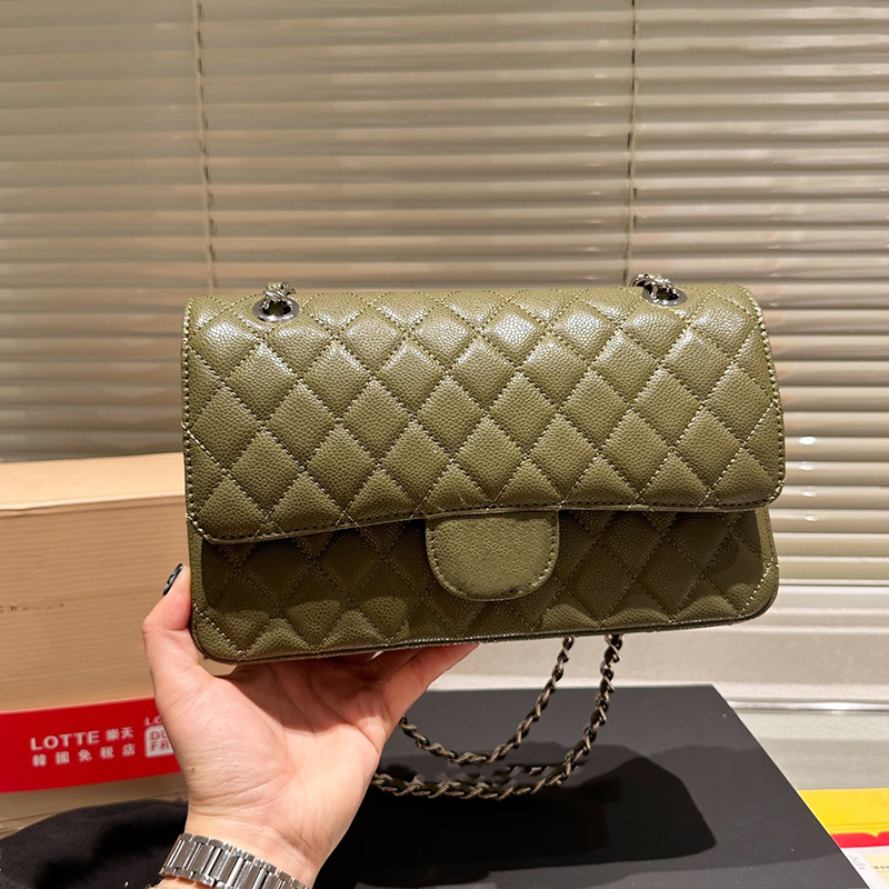 26CM Women 7 Colors Luuxry Caviar Leather Calfskin Classic Double Flap Quilted Bags Silver Metal Hardware Matelasse Chain Crossbody Shoulder Handbags Purse
