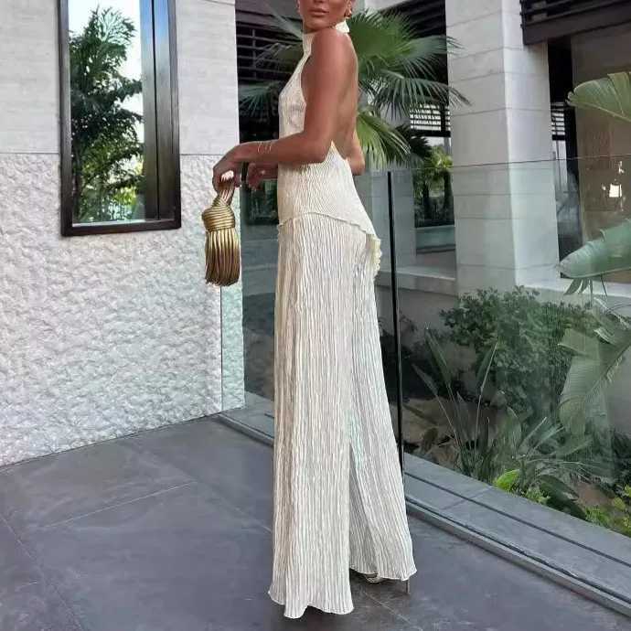 2024 Summer European And American Fashion Womens Backless Tops Casual Wide Leg Pants Ele And Sexy Pants Suits For WomenXJ250106