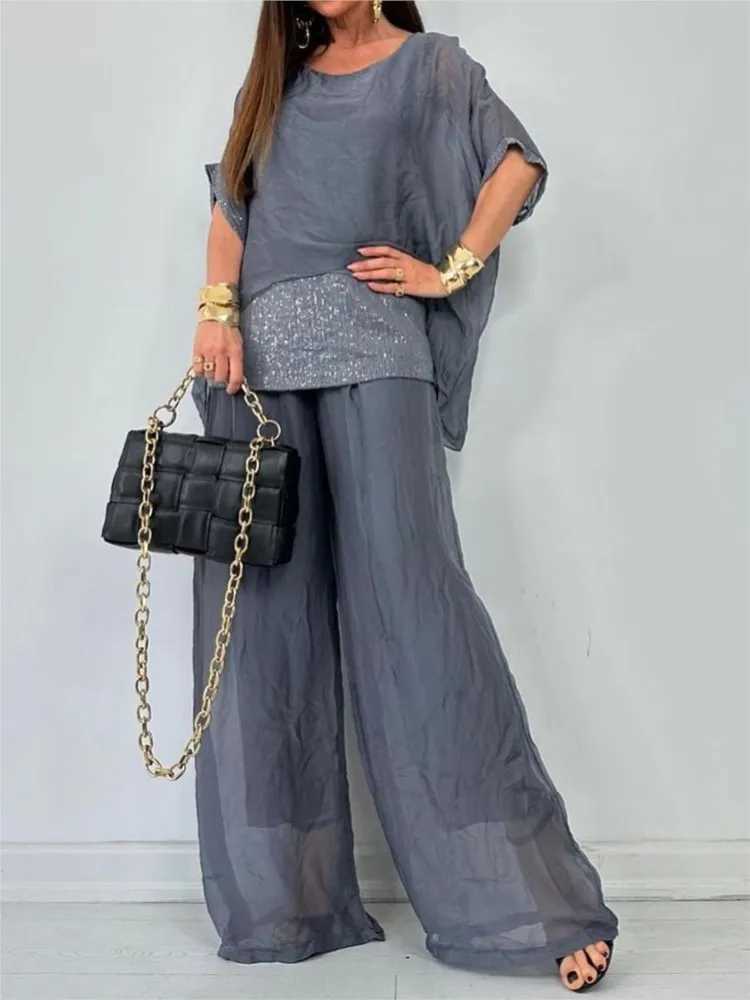 Fashion Sequin Splicing Chiffon Bat Short Sve For Womens Solid Color Suit Summer New Casual Ele Fe Office 2piece SetXJ250106